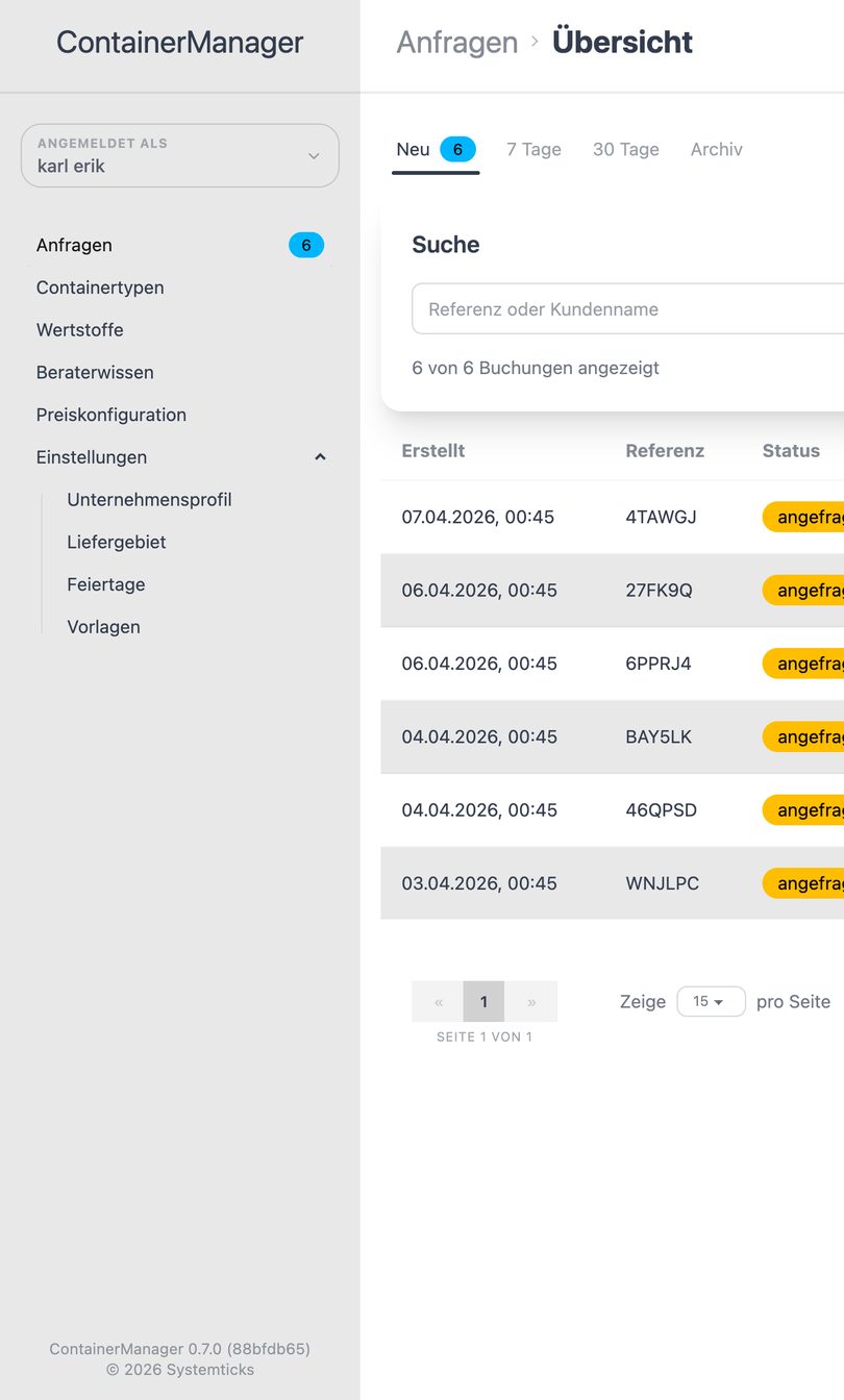 ContainerBot Admin-Bereich: Anfragen-Übersicht mit eingehenden Anfragen